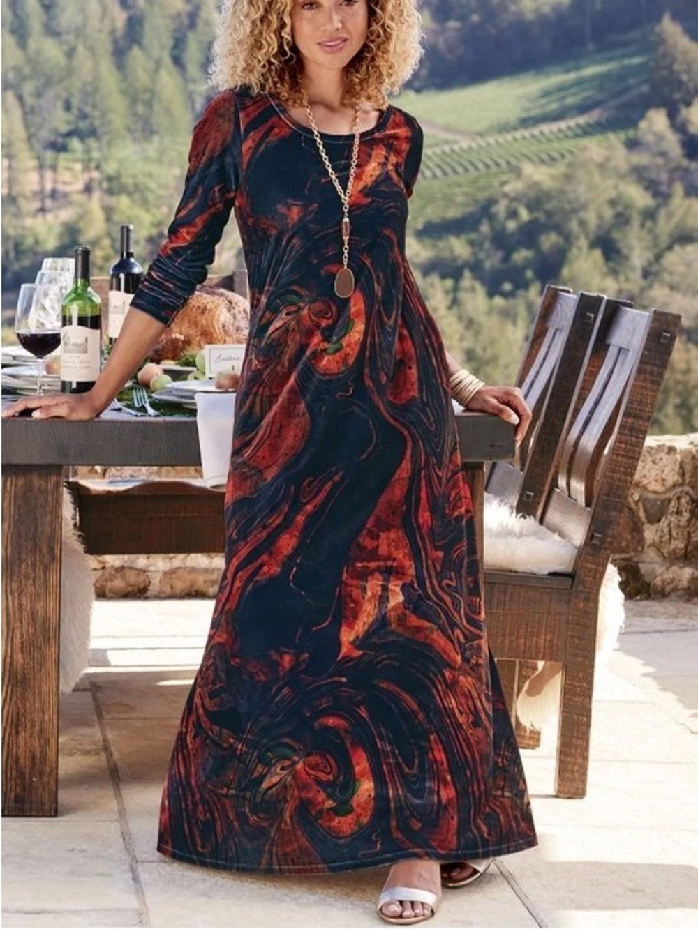 Soft Surroundings Women L Abstract Rust Santiago Stretch Velvet Maxi Dress NWT
